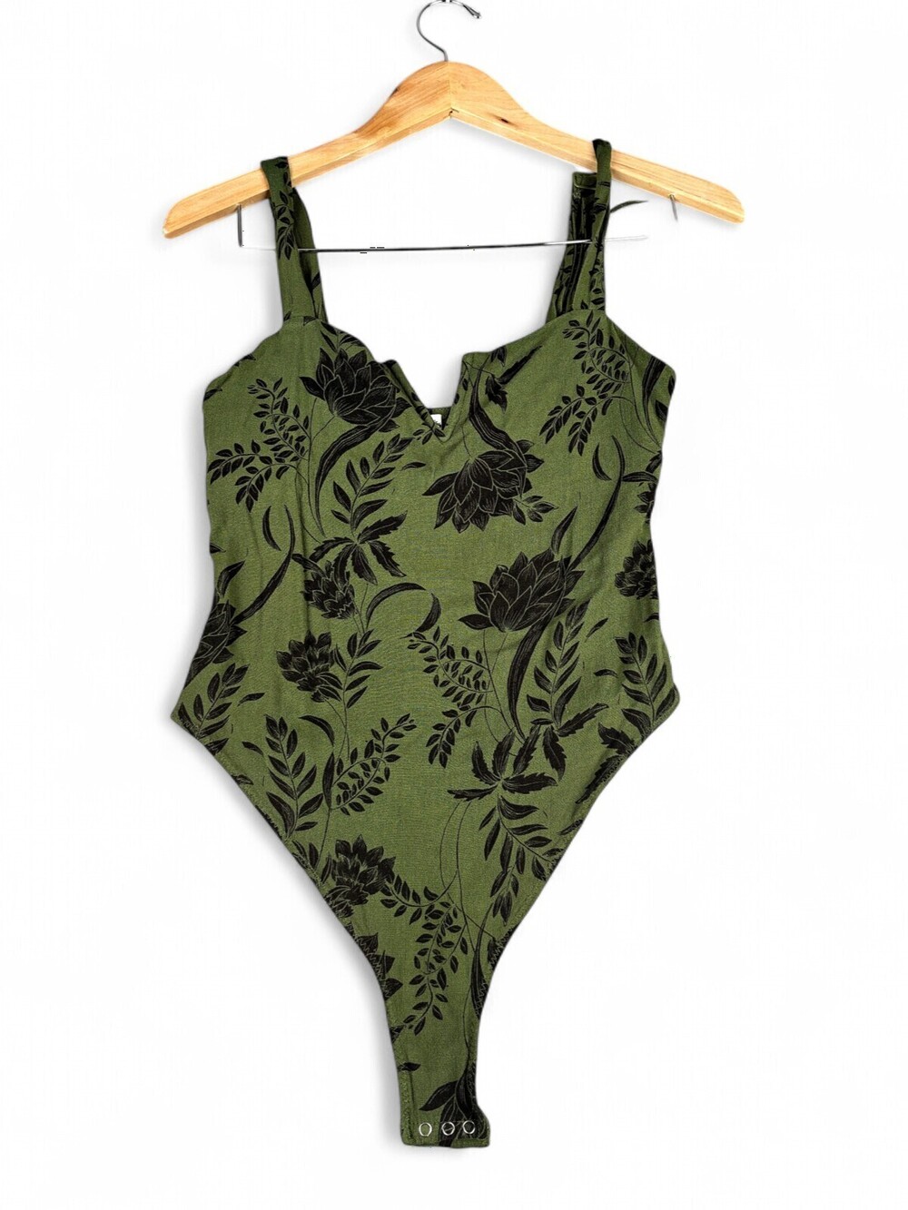 Free People Olive Floral V-Neck Bodysuit Size M